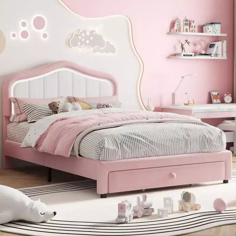 Struttura letto singolo imbottita, graziosa struttura letto in velluto con testiera, luci e cassetti portaoggetti, adatta ai bambini, non è richiesta la rete a molle