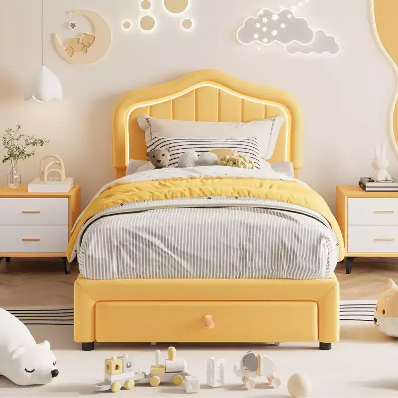 Struttura letto singolo imbottita, graziosa struttura letto in velluto con testiera, luci e cassetti portaoggetti, adatta ai bambini, non è richiesta la rete a molle