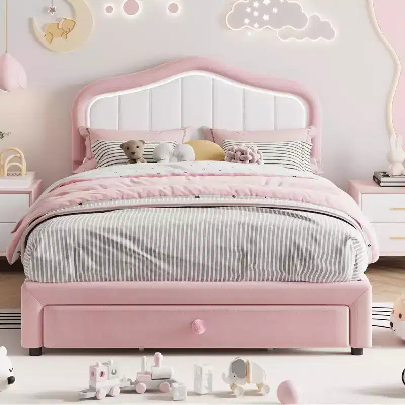Struttura letto singolo imbottita, graziosa struttura letto in velluto con testiera, luci e cassetti portaoggetti, adatta ai bambini, non è richiesta la rete a molle