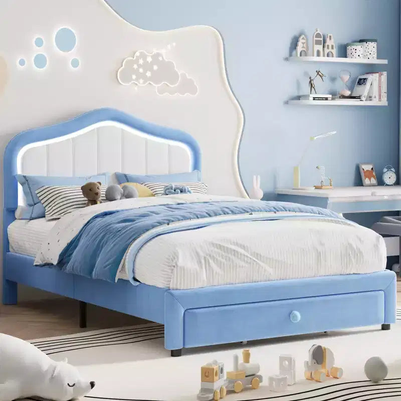 Struttura letto singolo imbottita, graziosa struttura letto in velluto con testiera, luci e cassetti portaoggetti, adatta ai bambini, non è richiesta la rete a molle