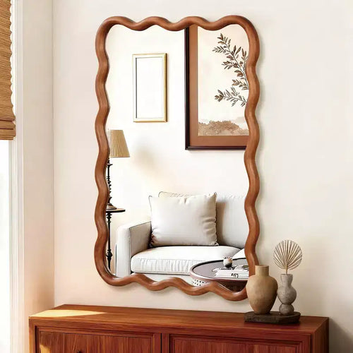 Specchio decorativo da parete con cornice in legno massello rettangolare ondulata color legno naturale da 24 x 36 pollici per la casa