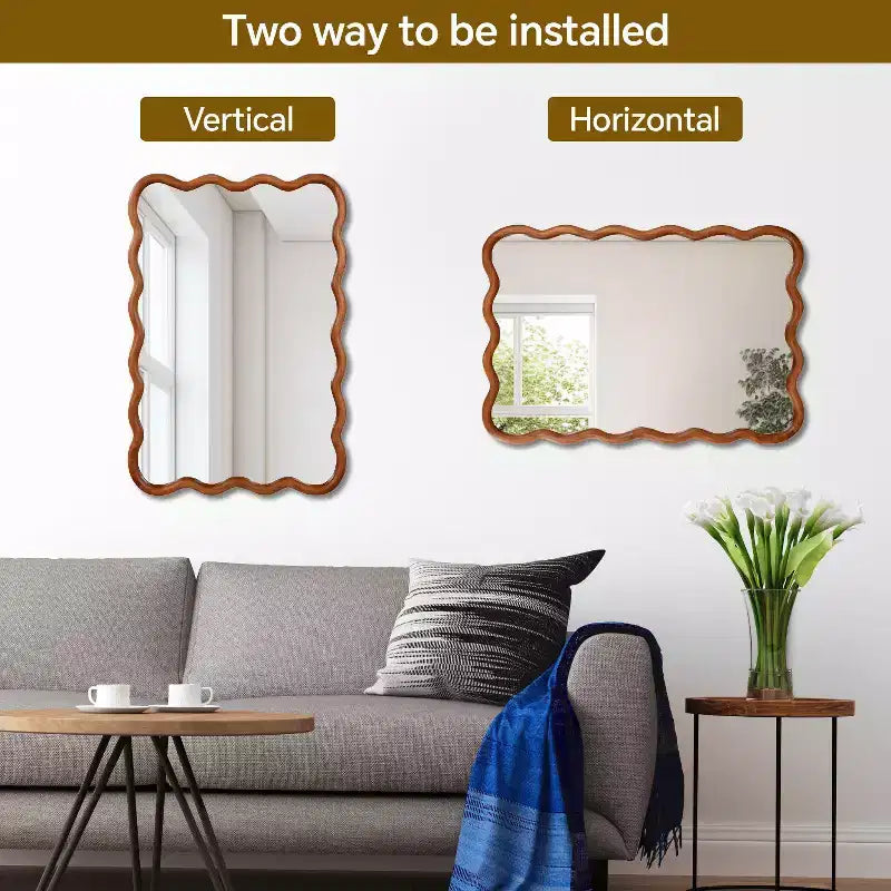 Specchio decorativo da parete con cornice in legno massello rettangolare ondulata color legno naturale da 24 x 36 pollici per la casa