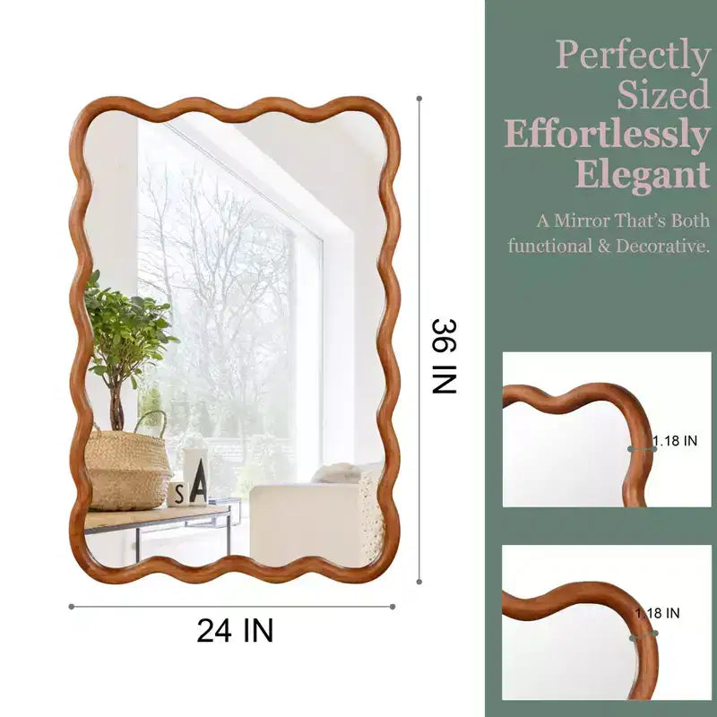 Specchio decorativo da parete con cornice in legno massello rettangolare ondulata color legno naturale da 24 x 36 pollici per la casa