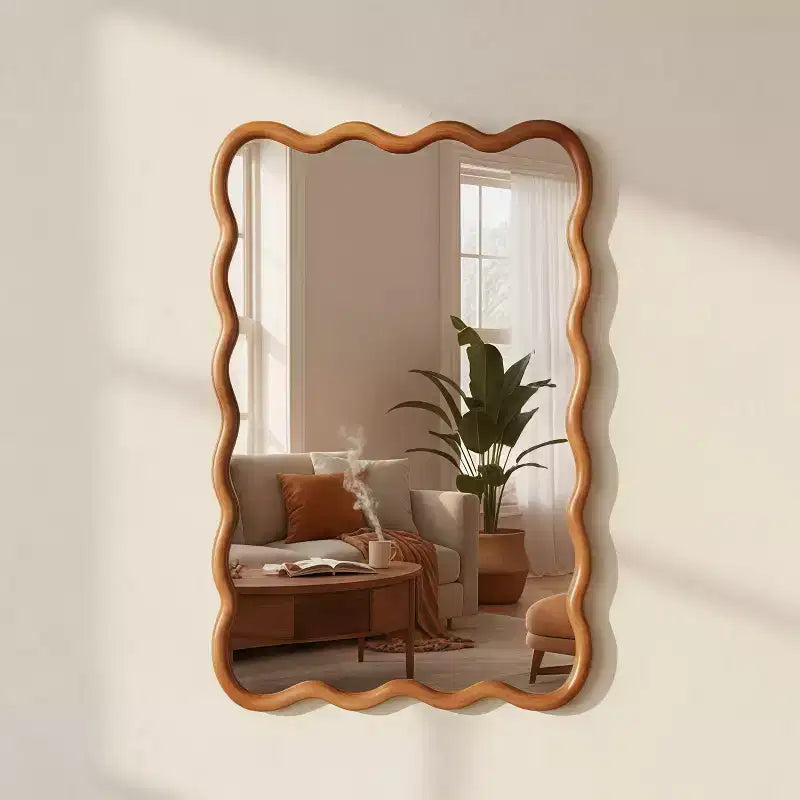 Specchio decorativo da parete con cornice in legno massello rettangolare ondulata color legno naturale da 24 x 36 pollici per la casa