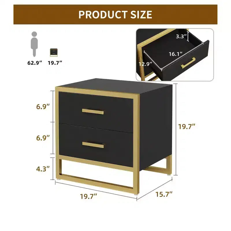 Comodino moderno con 2 cassetti, piccolo comodino in legno con contenitore, comodino moderno con struttura in metallo per piccoli spazi