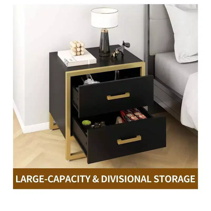 Comodino moderno con 2 cassetti, piccolo comodino in legno con contenitore, comodino moderno con struttura in metallo per piccoli spazi