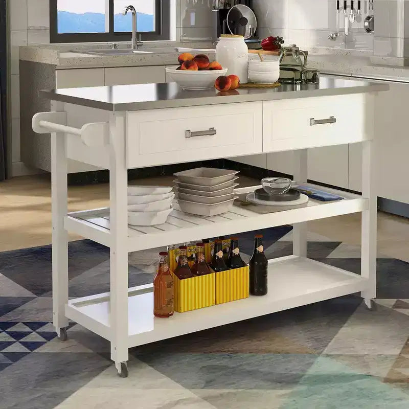 Okak Tavolo da Isola da Cucina con Piano in Acciaio Inossidabile, Carrello da Cucina con 2 Cassetti e 2 Ripiani Aperti, Organizzatore per Piano di Lavoro da Cucina, Bianco