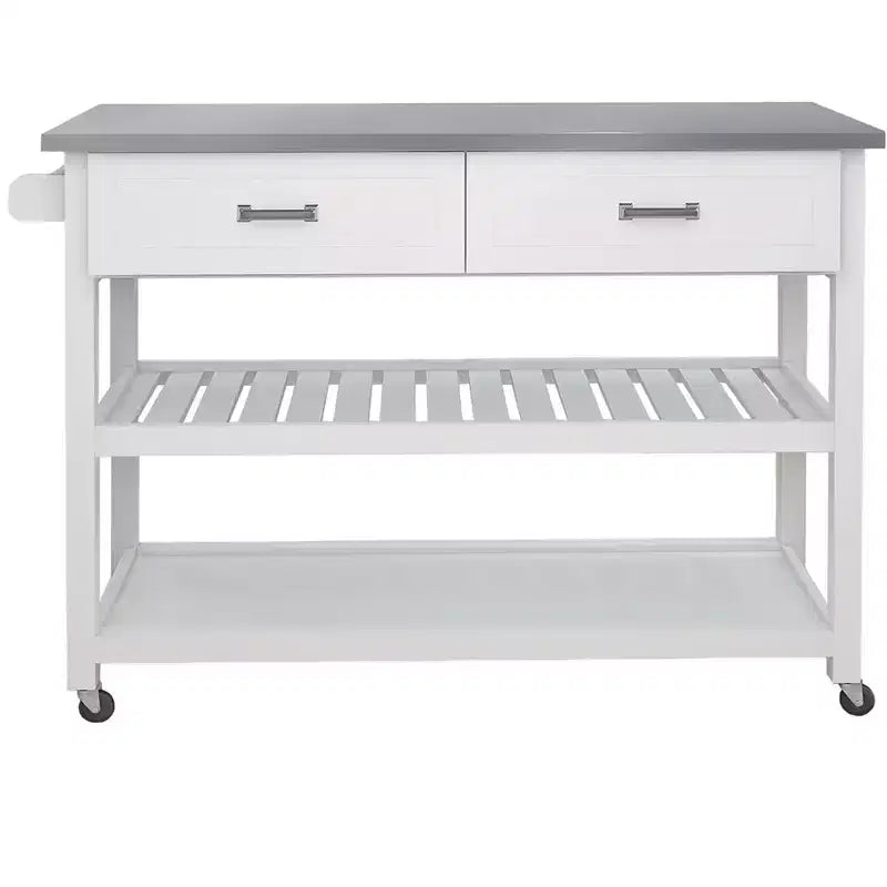 Okak Tavolo da Isola da Cucina con Piano in Acciaio Inossidabile, Carrello da Cucina con 2 Cassetti e 2 Ripiani Aperti, Organizzatore per Piano di Lavoro da Cucina, Bianco