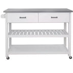 Okak Tavolo da Isola da Cucina con Piano in Acciaio Inossidabile, Carrello da Cucina con 2 Cassetti e 2 Ripiani Aperti, Organizzatore per Piano di Lavoro da Cucina, Bianco