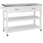 Okak Tavolo da Isola da Cucina con Piano in Acciaio Inossidabile, Carrello da Cucina con 2 Cassetti e 2 Ripiani Aperti, Organizzatore per Piano di Lavoro da Cucina, Bianco