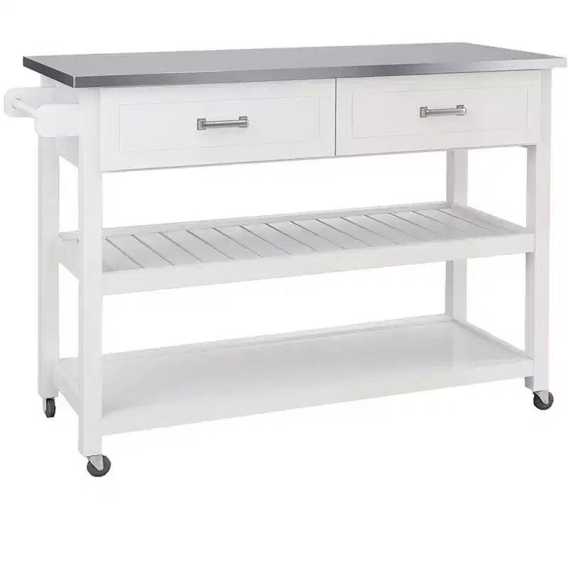 Okak Tavolo da Isola da Cucina con Piano in Acciaio Inossidabile, Carrello da Cucina con 2 Cassetti e 2 Ripiani Aperti, Organizzatore per Piano di Lavoro da Cucina, Bianco