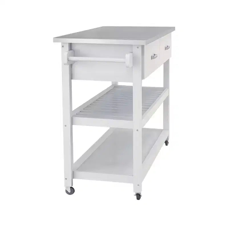 Okak Tavolo da Isola da Cucina con Piano in Acciaio Inossidabile, Carrello da Cucina con 2 Cassetti e 2 Ripiani Aperti, Organizzatore per Piano di Lavoro da Cucina, Bianco