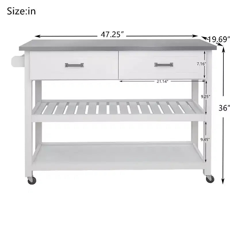 Okak Tavolo da Isola da Cucina con Piano in Acciaio Inossidabile, Carrello da Cucina con 2 Cassetti e 2 Ripiani Aperti, Organizzatore per Piano di Lavoro da Cucina, Bianco
