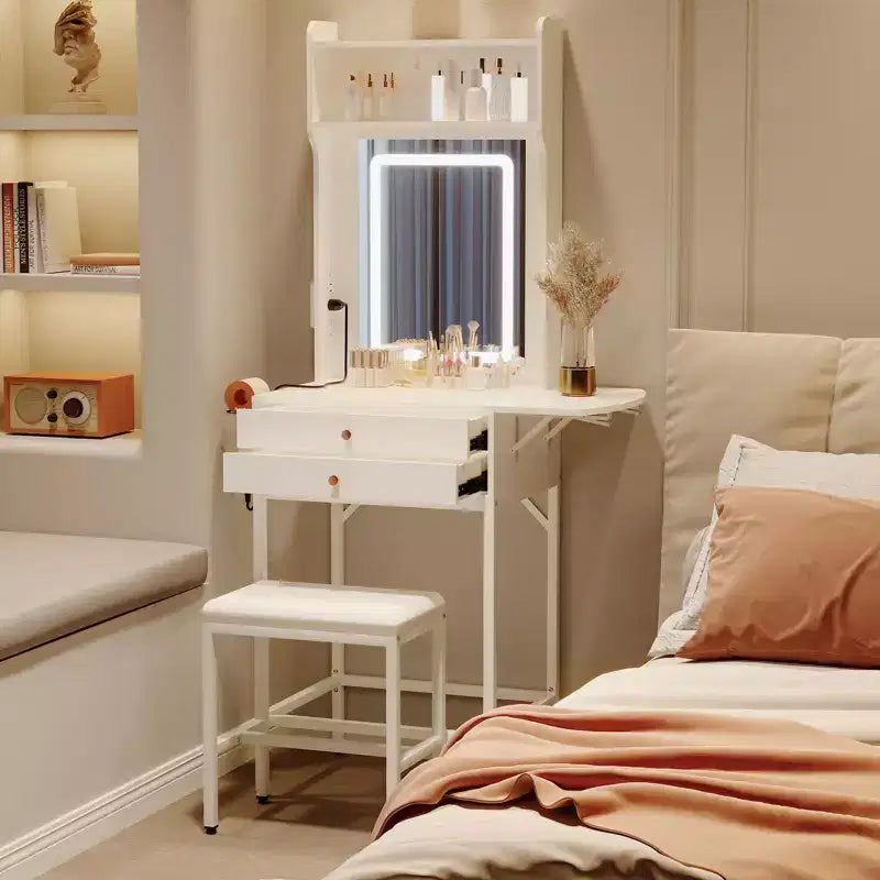 COZONY Piccola toeletta per trucco con specchio, Mini tavolo da trucco illuminato regolabile con supporto per asciugacapelli, 2 cassetti e pannello pieghevole per camere da letto