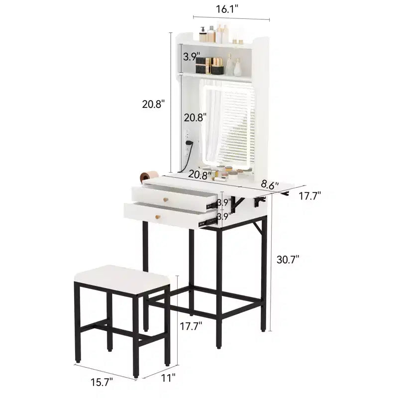 COZONY Piccola toeletta per trucco con specchio, Mini tavolo da trucco illuminato regolabile con supporto per asciugacapelli, 2 cassetti e pannello pieghevole per camere da letto