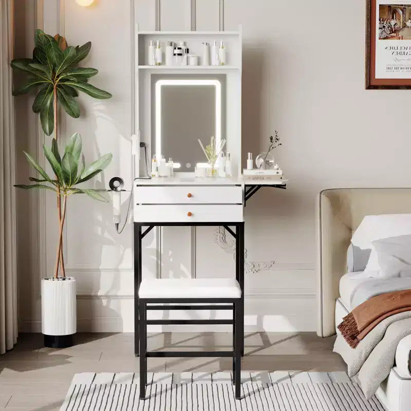 COZONY Piccola toeletta per trucco con specchio, Mini tavolo da trucco illuminato regolabile con supporto per asciugacapelli, 2 cassetti e pannello pieghevole per camere da letto