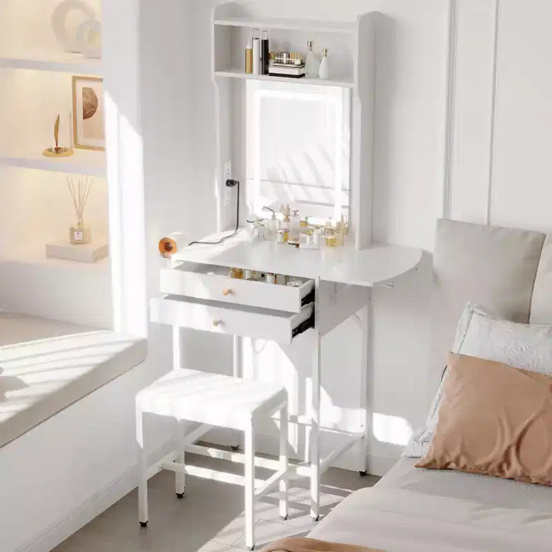 COZONY Piccola toeletta per trucco con specchio, Mini tavolo da trucco illuminato regolabile con supporto per asciugacapelli, 2 cassetti e pannello pieghevole per camere da letto
