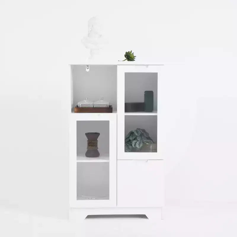 Mobiletto contenitore dipinto a 2 ante con ante in vetro e cassetto, spazio aperto