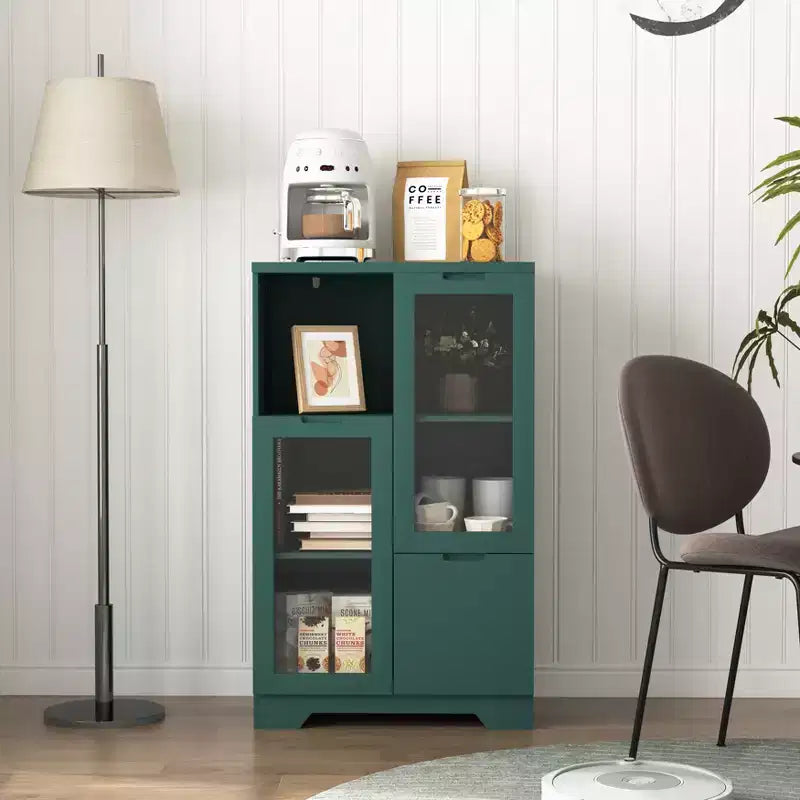 Mobiletto contenitore dipinto a 2 ante con ante in vetro e cassetto, spazio aperto