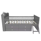 Letto a soppalco basso per ragazzi Twin Size con 4 cassetti contenitori, letto a soppalco in legno con sponde, testiera e scaletta, letto a piattaforma singolo per bambini