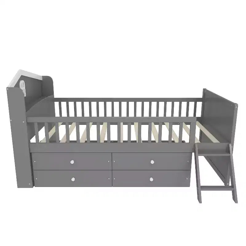 Letto a soppalco basso per ragazzi Twin Size con 4 cassetti contenitori, letto a soppalco in legno con sponde, testiera e scaletta, letto a piattaforma singolo per bambini