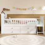 Letto a soppalco basso per ragazzi Twin Size con 4 cassetti contenitori, letto a soppalco in legno con sponde, testiera e scaletta, letto a piattaforma singolo per bambini