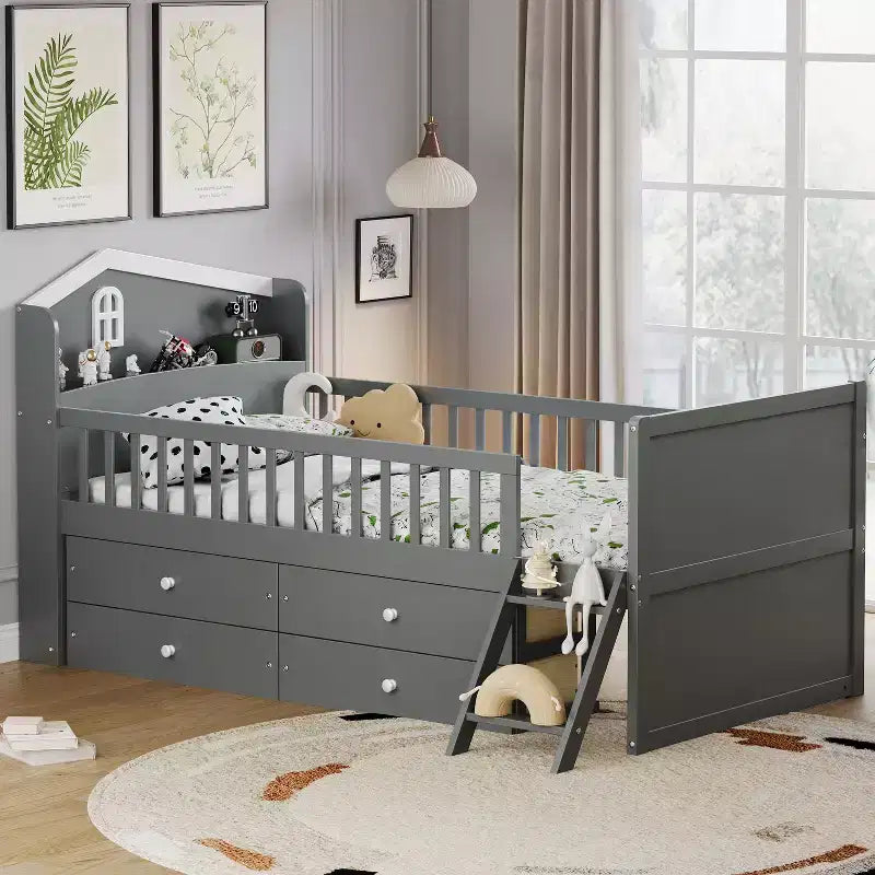 Letto a soppalco basso per ragazzi Twin Size con 4 cassetti contenitori, letto a soppalco in legno con sponde, testiera e scaletta, letto a piattaforma singolo per bambini