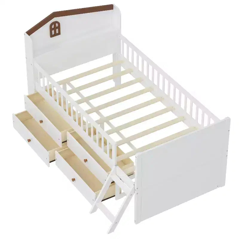 Letto a soppalco basso per ragazzi Twin Size con 4 cassetti contenitori, letto a soppalco in legno con sponde, testiera e scaletta, letto a piattaforma singolo per bambini