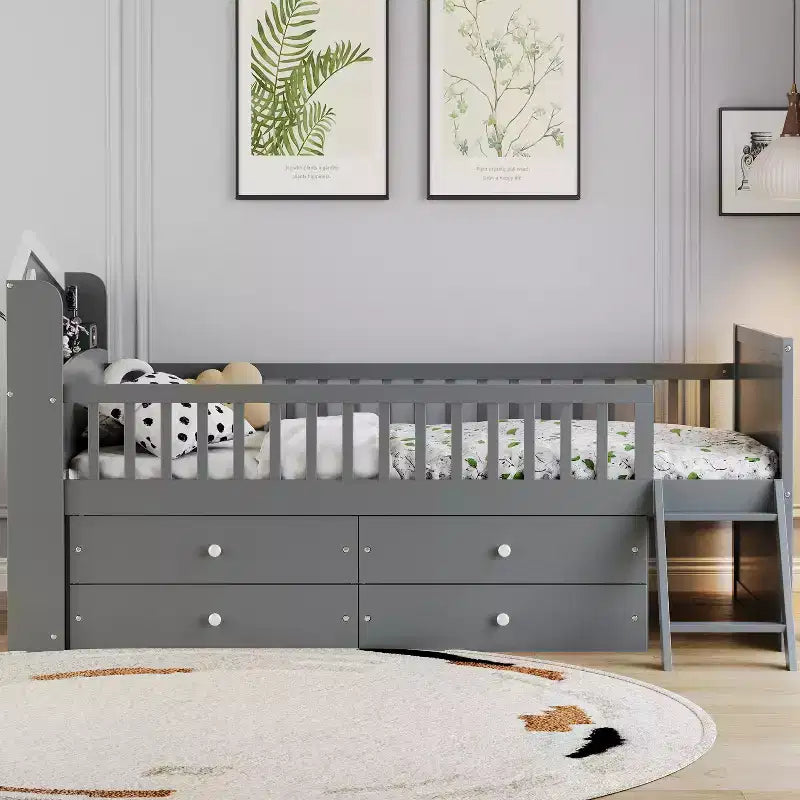 Letto a soppalco basso per ragazzi Twin Size con 4 cassetti contenitori, letto a soppalco in legno con sponde, testiera e scaletta, letto a piattaforma singolo per bambini