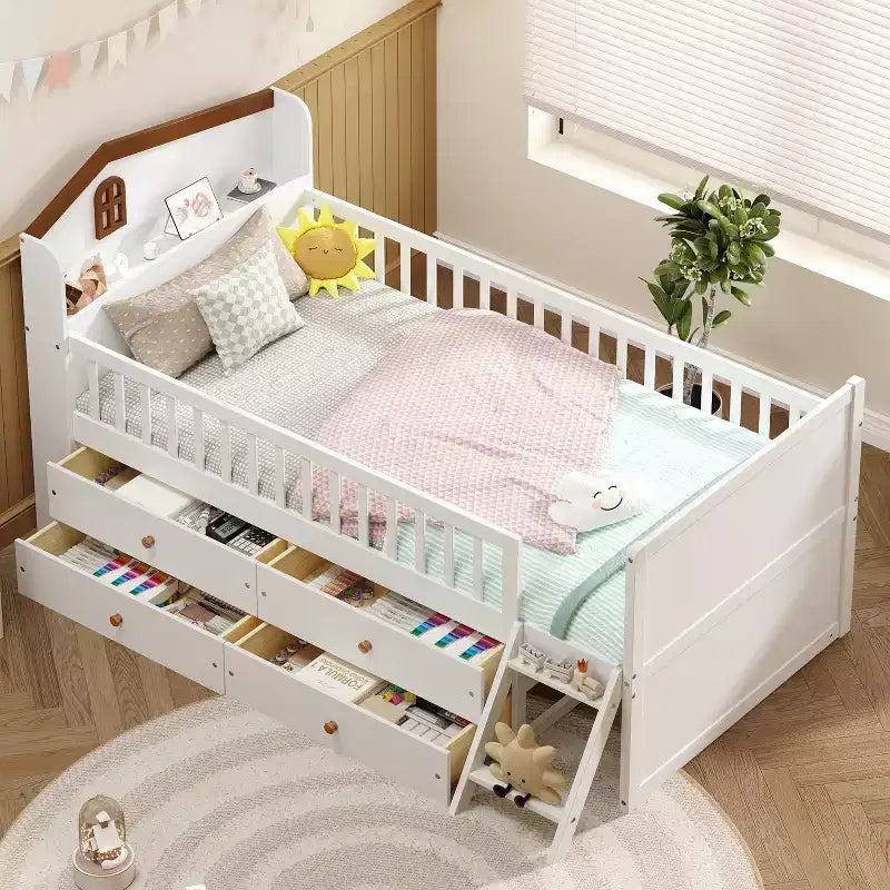 Letto a soppalco basso per ragazzi Twin Size con 4 cassetti contenitori, letto a soppalco in legno con sponde, testiera e scaletta, letto a piattaforma singolo per bambini