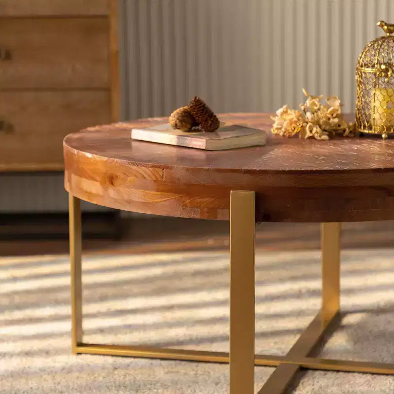 Tavolino da caffè rotondo moderno, con un design in metallo e legno, adatto per casa, ufficio e per arredare.