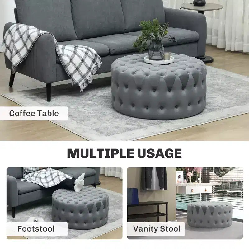 Tavolino rotondo ottomano con rivestimento effetto velluto, design capitonné e seduta imbottita