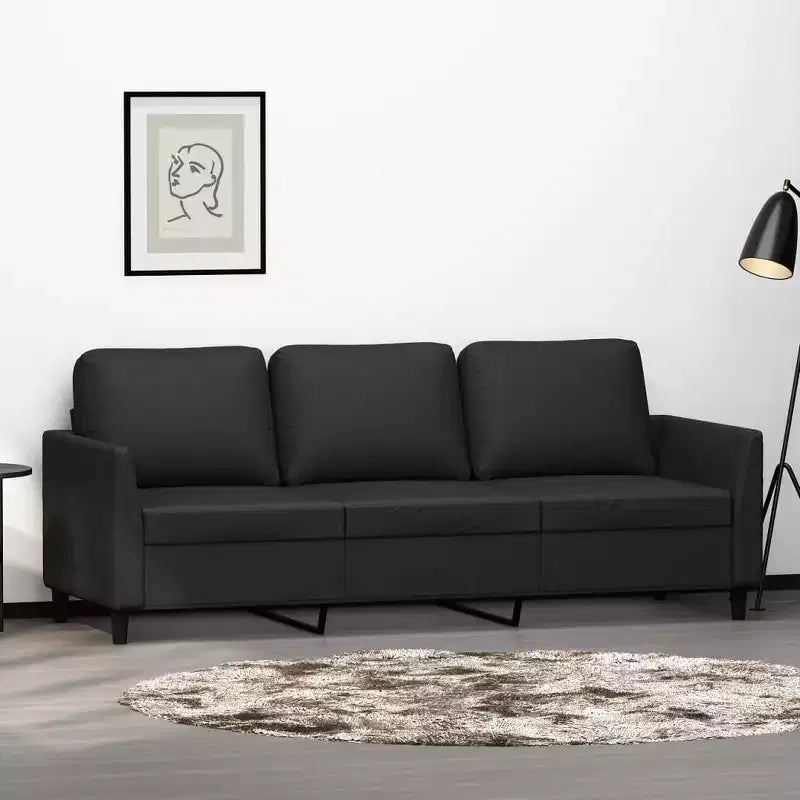 78 Modern 3-Seat Faux-Leather Sofa  Stain-Resistant Black Upholstery, Clean-Line Minimalist Design, Sturdy Frame for Living Room or Lounge