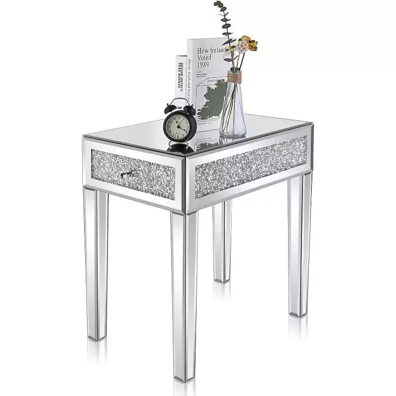 VINGLI Tavolino Stretto a Specchio Comodino/Divano/Tavolino Laterale con Ripiano Comodino Stretto in Vetro