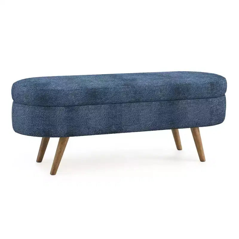 Panca portaoggetti ovale imbottita Homy Casa con coperchio sollevabile, ottomana in tessuto blu con gambe in legno