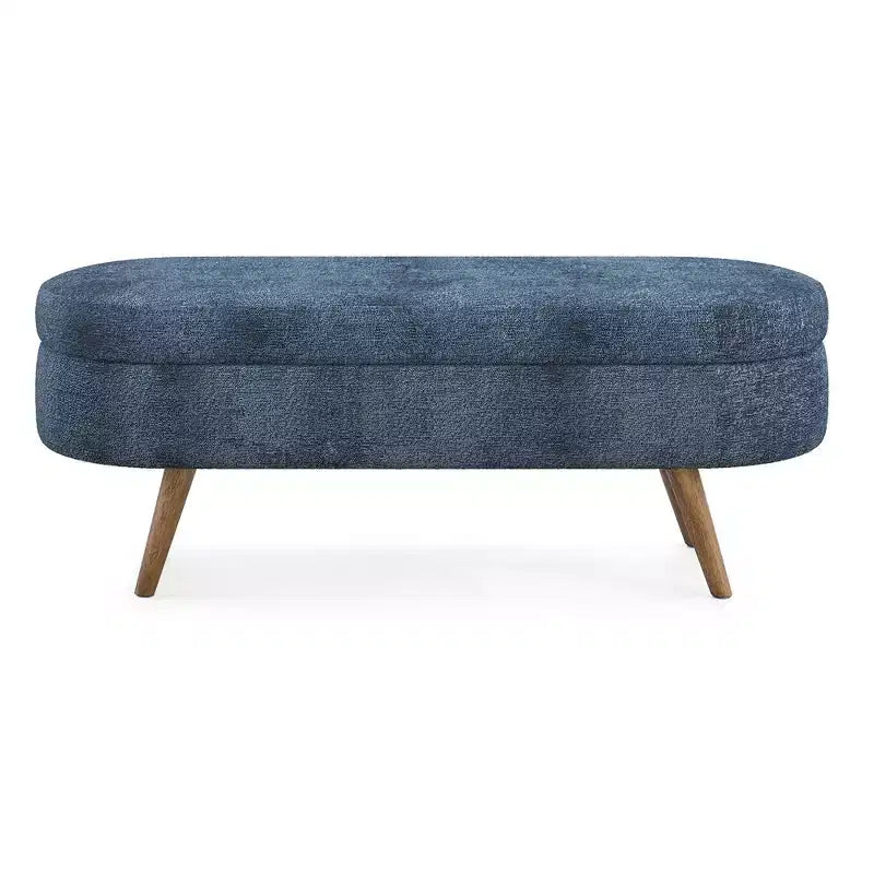 Panca portaoggetti ovale imbottita Homy Casa con coperchio sollevabile, ottomana in tessuto blu con gambe in legno