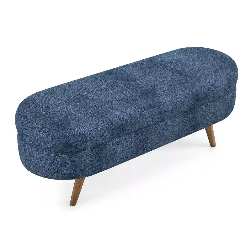 Panca portaoggetti ovale imbottita Homy Casa con coperchio sollevabile, ottomana in tessuto blu con gambe in legno