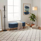 Panca portaoggetti ovale imbottita Homy Casa con coperchio sollevabile, ottomana in tessuto blu con gambe in legno