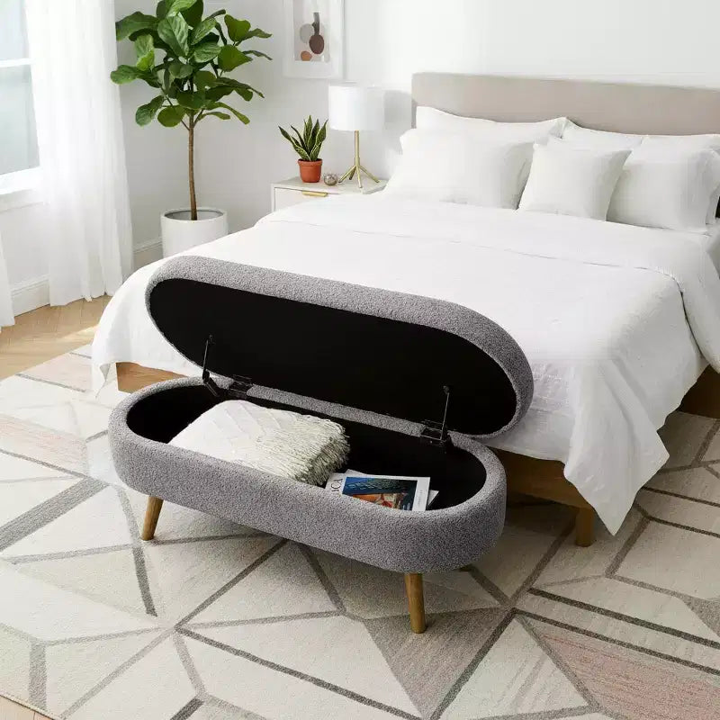Panca portaoggetti ovale imbottita Homy Casa con coperchio sollevabile, ottomana in tessuto blu con gambe in legno