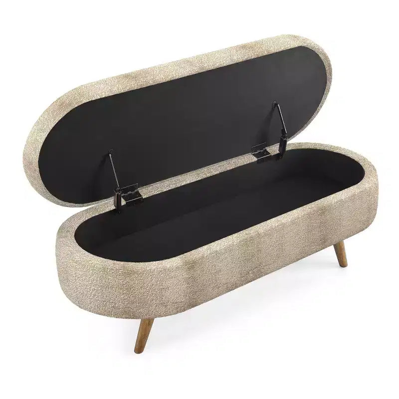 Panca portaoggetti ovale imbottita Homy Casa con coperchio sollevabile, ottomana in tessuto blu con gambe in legno