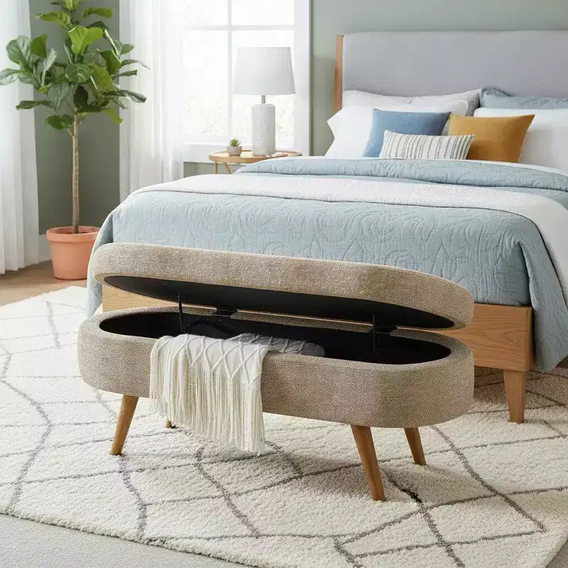 Panca portaoggetti ovale imbottita Homy Casa con coperchio sollevabile, ottomana in tessuto blu con gambe in legno