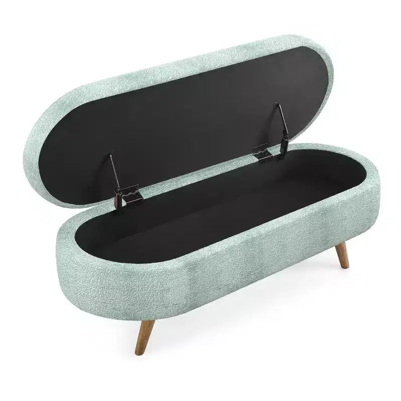 Panca portaoggetti ovale imbottita Homy Casa con coperchio sollevabile, ottomana in tessuto blu con gambe in legno