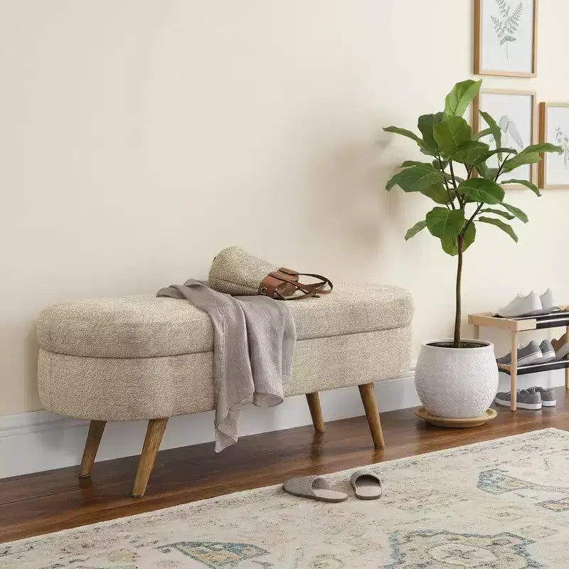 Panca portaoggetti ovale imbottita Homy Casa con coperchio sollevabile, ottomana in tessuto blu con gambe in legno
