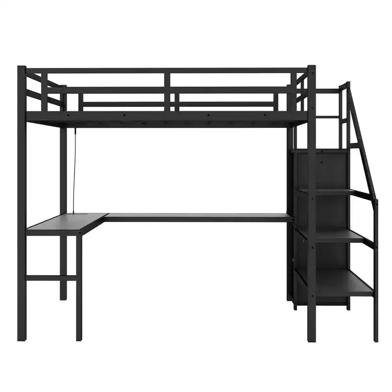 Bellemave Letto a soppalco Twin XL con scrivania a L, armadio e scale, letto a soppalco alto in metallo con USB, LED e ripiani per bambini, ragazzi e adulti, nero
