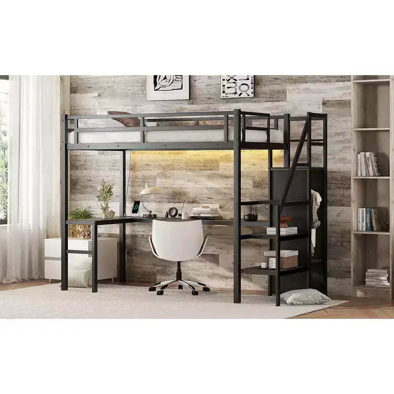 Bellemave Letto a soppalco Twin XL con scrivania a L, armadio e scale, letto a soppalco alto in metallo con USB, LED e ripiani per bambini, ragazzi e adulti, nero