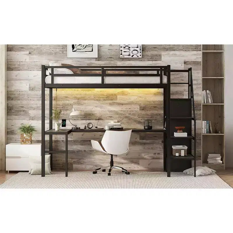 Bellemave Letto a soppalco Twin XL con scrivania a L, armadio e scale, letto a soppalco alto in metallo con USB, LED e ripiani per bambini, ragazzi e adulti, nero