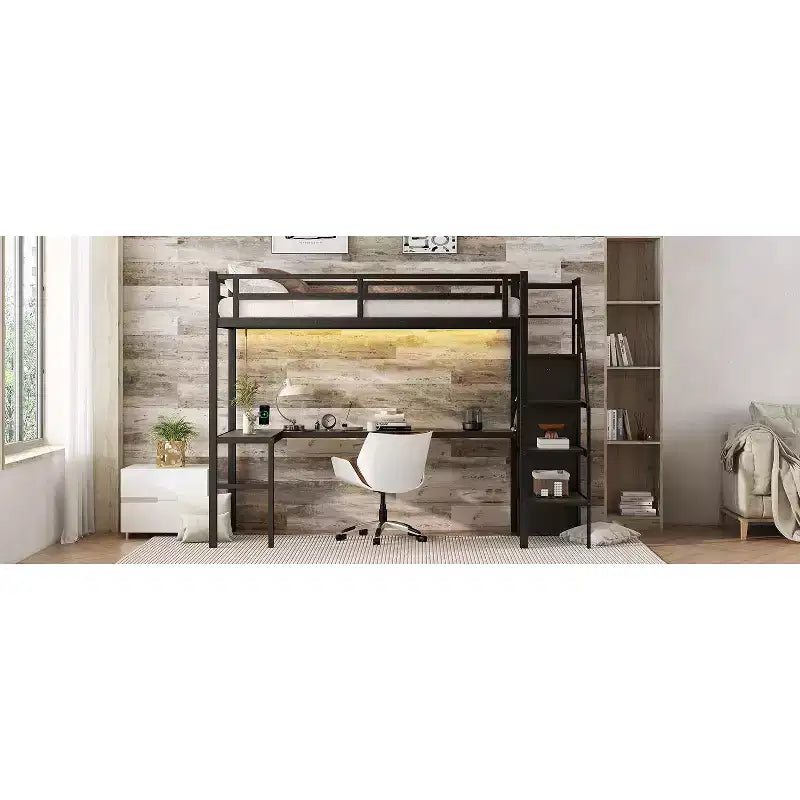 Bellemave Letto a soppalco Twin XL con scrivania a L, armadio e scale, letto a soppalco alto in metallo con USB, LED e ripiani per bambini, ragazzi e adulti, nero