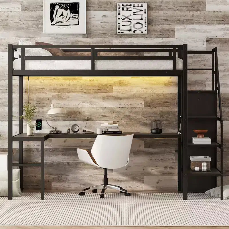 Bellemave Letto a soppalco Twin XL con scrivania a L, armadio e scale, letto a soppalco alto in metallo con USB, LED e ripiani per bambini, ragazzi e adulti, nero