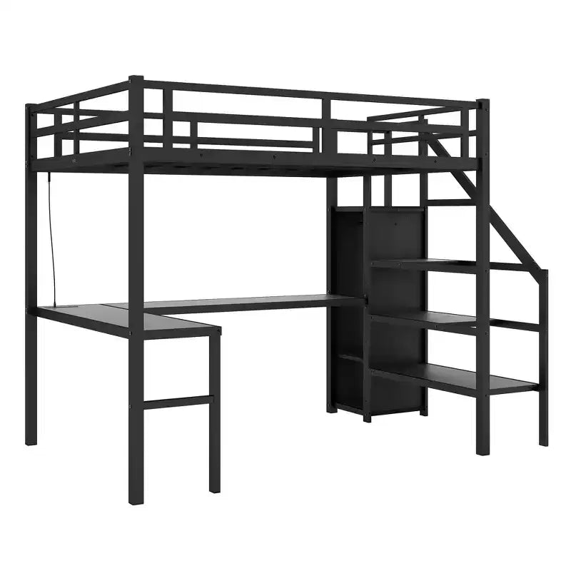 Bellemave Letto a soppalco Twin XL con scrivania a L, armadio e scale, letto a soppalco alto in metallo con USB, LED e ripiani per bambini, ragazzi e adulti, nero