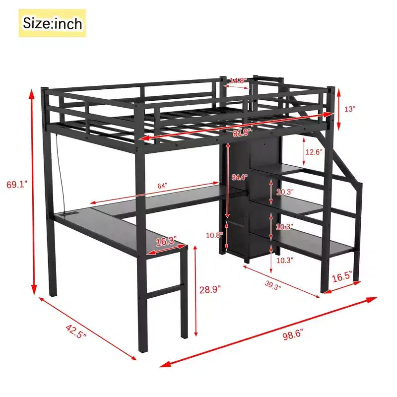 Bellemave Letto a soppalco Twin XL con scrivania a L, armadio e scale, letto a soppalco alto in metallo con USB, LED e ripiani per bambini, ragazzi e adulti, nero